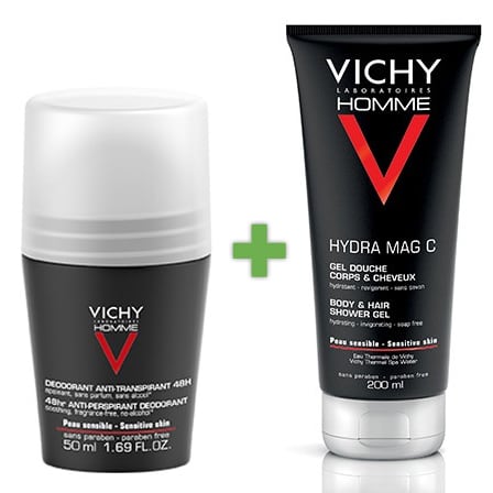 Vichy Homme Deo Gevoelige huid 48u Roller & Hydra Mag C Douchegel Promopakket