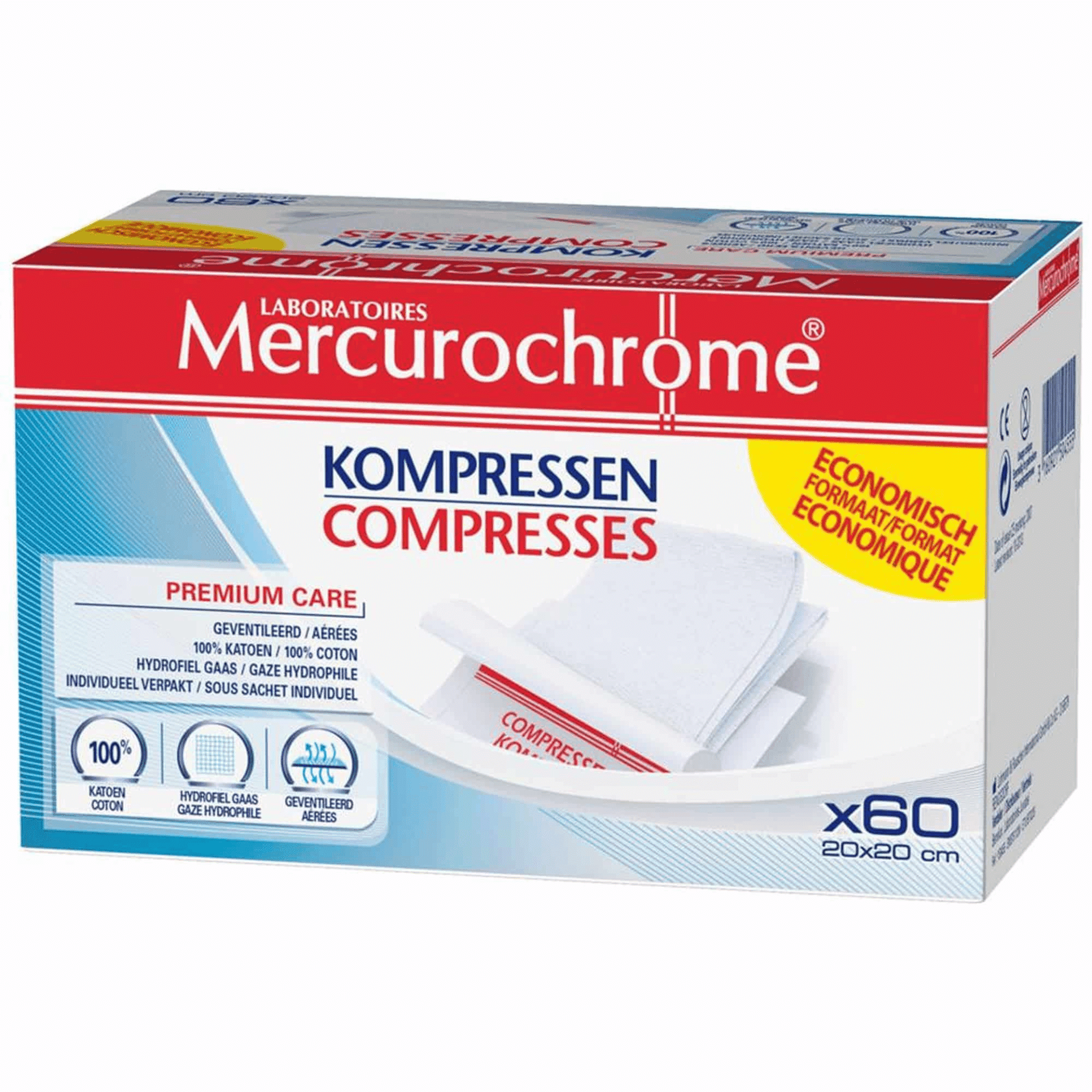 Mercurochrome Kompressen 20 cm x 20 cm 60 stuks Mercurochrome Kompressen 20 cm x 20 cm 60 stuks