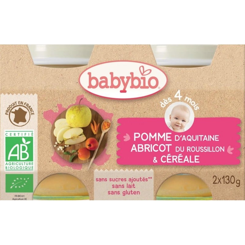 Babybio Bipack Dessert Appel/Abrikoos/Granen 4+ Babybio Bipack Dessert Appel/Abrikoos/Granen 4+