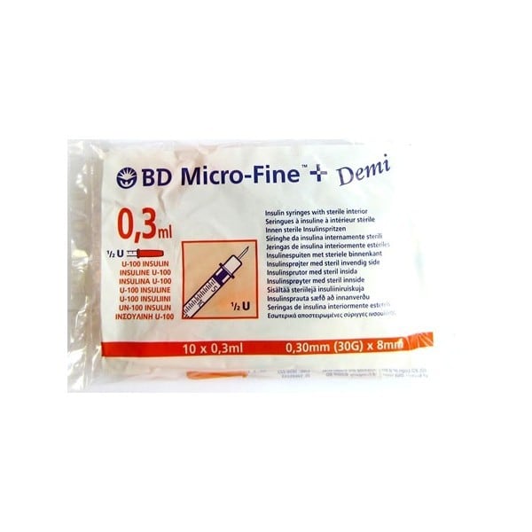 BD Micro-Fine+ Insulinespuit 0,3 ml + Naald 0,30 x 8 mm BD Micro-Fine+ Insulinespuit 0,3 ml + Naald 0,30 x 8 mm