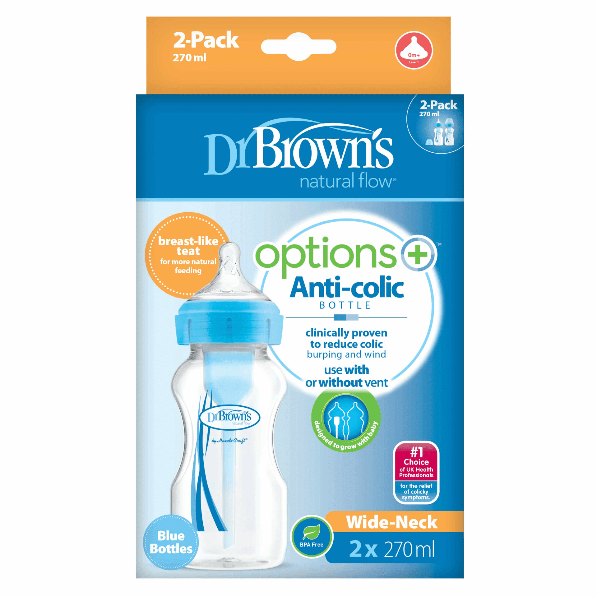 Dr. Browns Options + Brede Hals Fles 270 ml Duo Blauw 2 stuks Dr. Browns Options + Brede Hals Fles 270 ml Duo Blauw 2 stuks