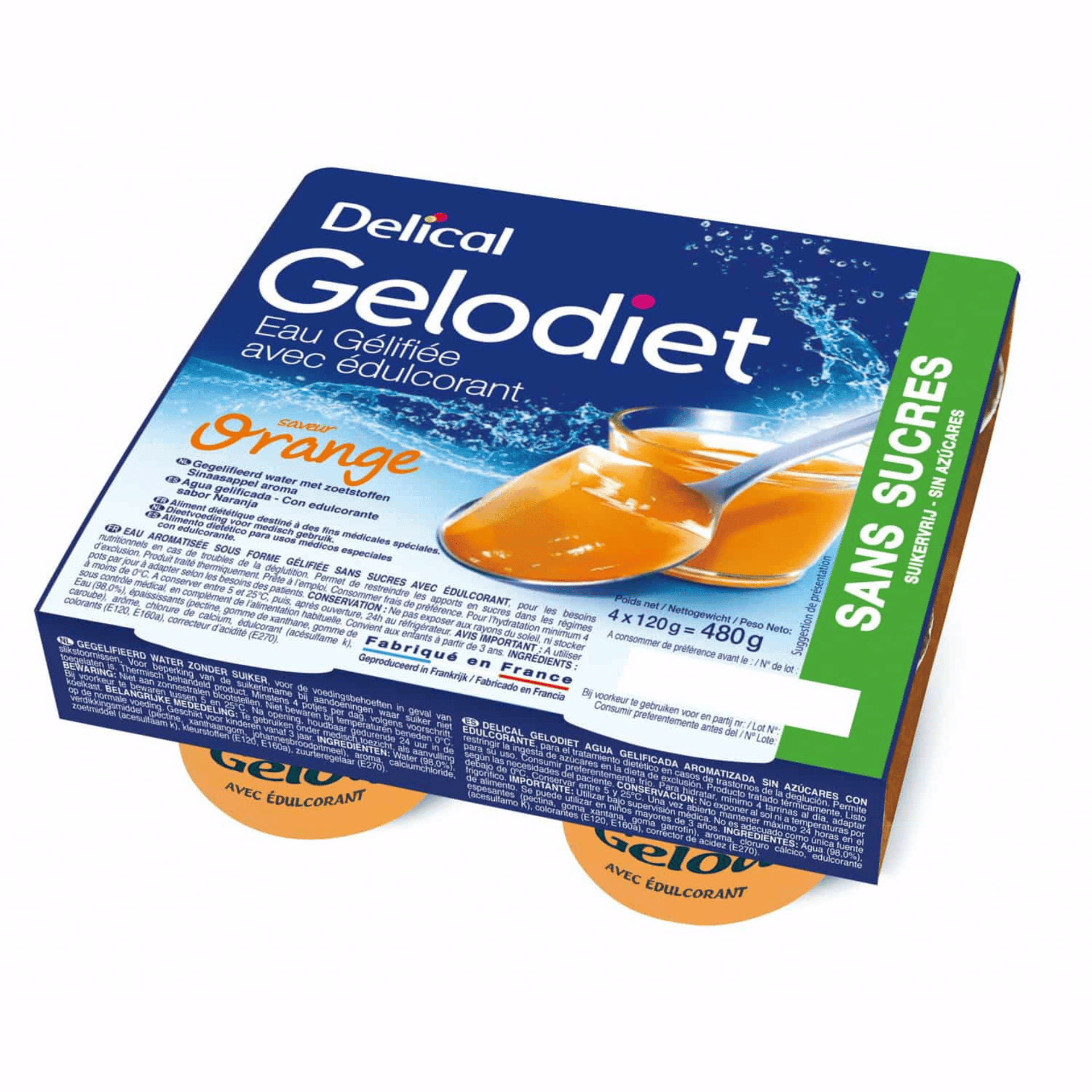 Delical Delodiet Gelwater Sinaasappel Zonder Suiker 4 x 120 g Delical Delodiet Gelwater Sinaasappel Zonder Suiker 4 x 120 g